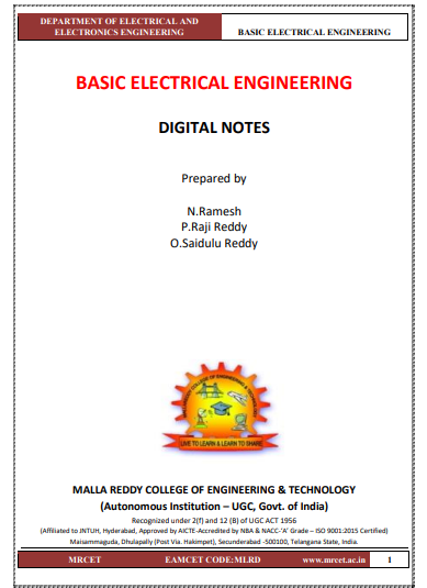 ❞ كتاب BASIC ELECTRICAL ENGINEERING [DIGITAL NOTES] ❝  ⏤ N.Ramesh
P.Raji Reddy
O.Saidulu Reddy