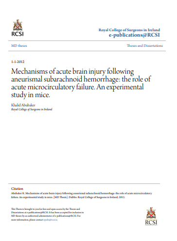 ❞ رسالة ماجستير بعنوان :Mechanisms of acute brain injury following aneurismal subarachnoid hge ❝  ⏤ خالد ابو بكر
