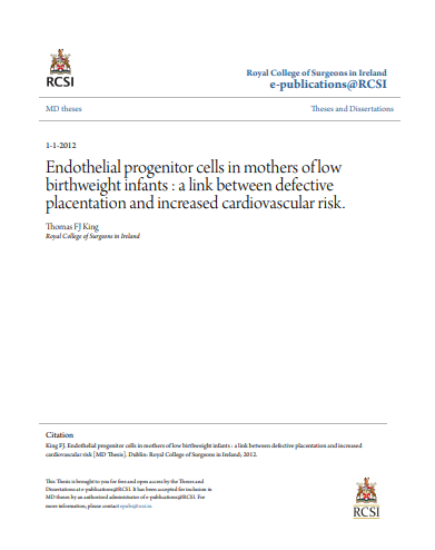 ❞ رسالة ماجستير بعنوان :Endothelial progenitor cells in mothers of low birthweight infants : a link between defective placentation and increased cardiovascular risk ❝  ⏤ Thomas FJ King