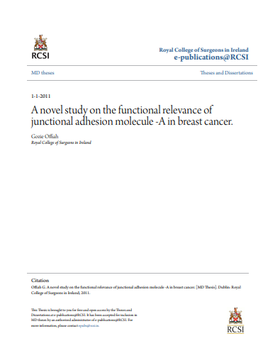 ❞ رسالة ماجستير بعنوان :A novel study on the functional relevance of junctional adhesion molecule -A in breast cancer. ❝  ⏤ Gozie Offiah