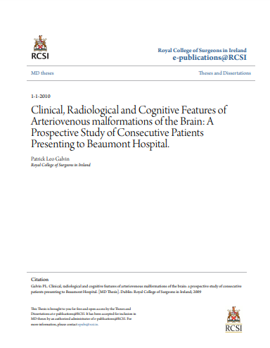قراءة و تحميل كتابكتاب ماجستير بعنوان :Clinical, Radiological and Cognitive Features of Arteriovenous malformations of the Brain: A Prospective Study of Consecutive Patients Presenting to Beaumont Hospital  PDF