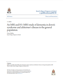  بعنوان :An MRI and H1-MRS study of dementia in down ' s syndrome and alzheimer 's disease in the general population 