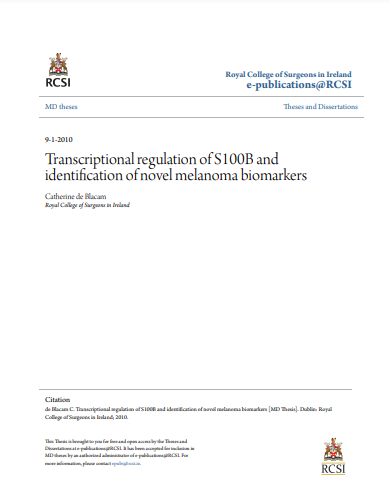 ❞ رسالة  بعنوان :Transcriptional regulation of S100B and identification of novel melanoma biomarkers ❝  ⏤ كاثرين دي بلاكام
