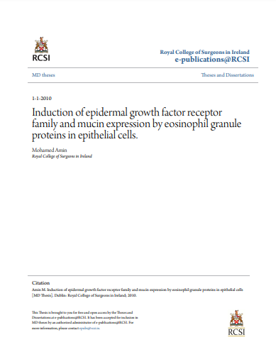 ❞ رسالة  بعنوان :Induction of epidermal growth factor receptor family and mucin expression by eosinophil granule proteins in epithelial cells ❝  ⏤ محمد امين