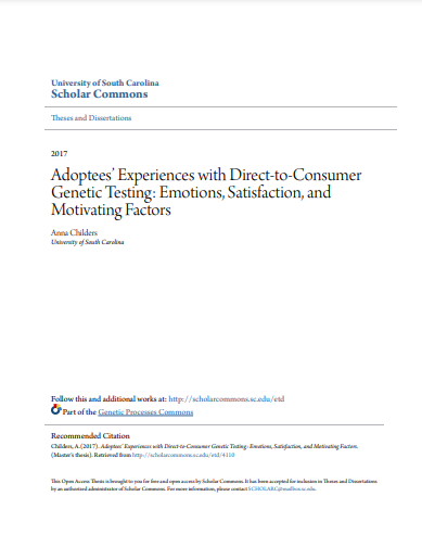 ❞ رسالة  بعنوان :Adoptees’ Experiences with Direct-to-Consumer Genetic Testing: Emotions, Satisfaction, and Motivating Factors ❝  ⏤ آنا تشايلدرز
