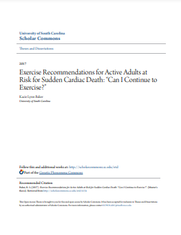 ❞ رسالة  بعنوان :Exercise Recommendations for Active Adults at Risk for Sudden Cardiac Death: “Can I Continue to Exercise?” ❝  ⏤ كاسي لين بيكر