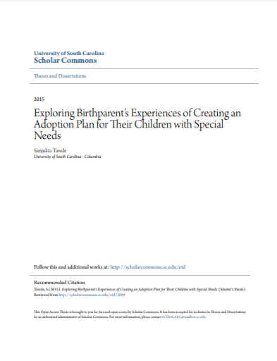 ❞ رسالة  بعنوان :Exploring Birthparent’s Experiences of Creating an Adoption Plan for Their Children with Special Needs ❝  ⏤ Sanjukta Tawde