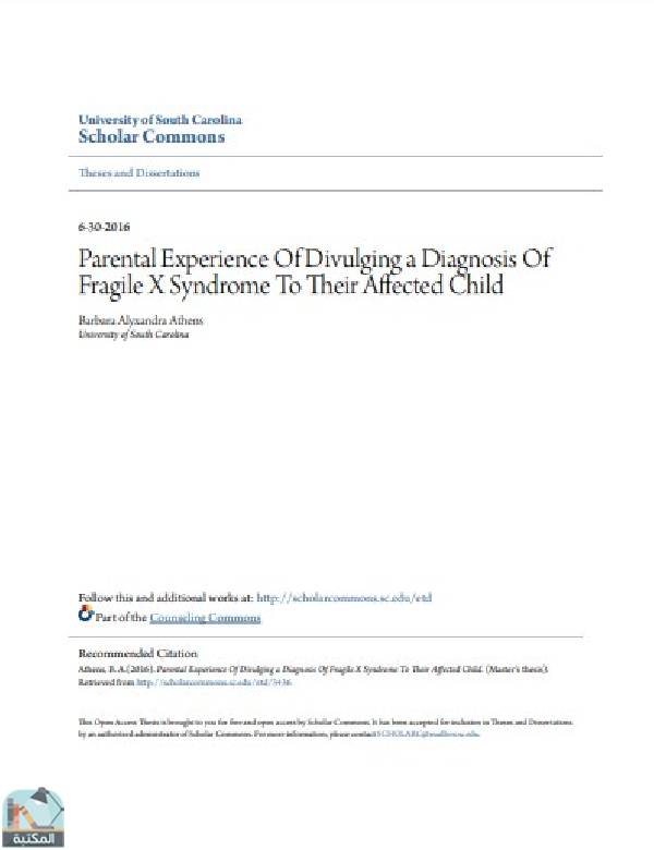 قراءة و تحميل كتاب  بعنوان :Parental Experience Of Divulging a Diagnosis Of Fragile X Syndrome To Their Affected Child PDF