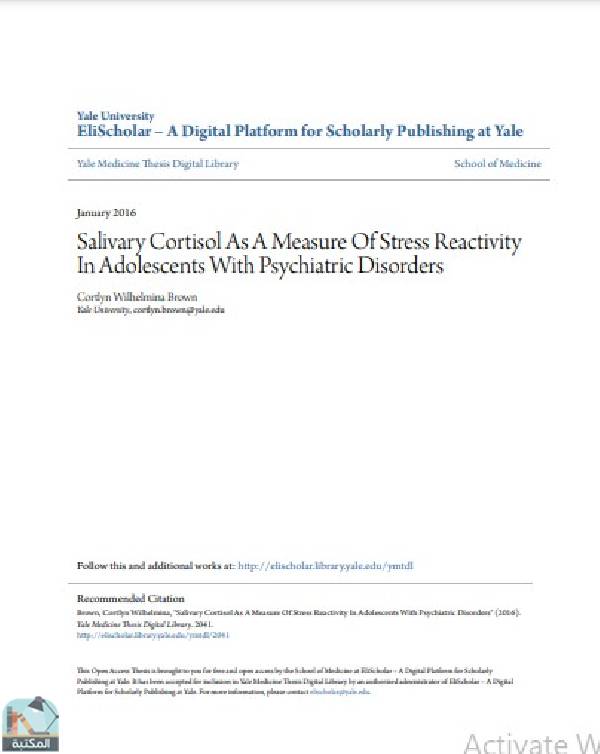 قراءة و تحميل كتاب Salivary Cortisol As A Measure Of Stress Reactivity In Adolescents With Psychiatric Disorders PDF