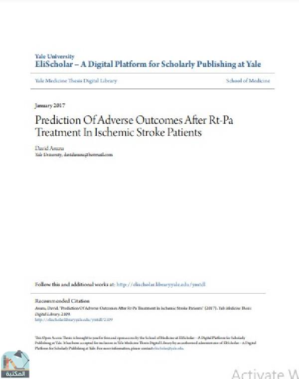 ❞ رسالة Prediction Of Adverse Outcomes After Rt-Pa Treatment In Ischemic Stroke Patients ❝  ⏤ David Asuzu