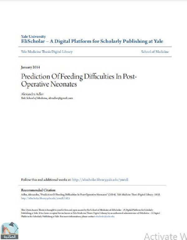 قراءة و تحميل كتابكتاب Prediction Of Feeding Difficulties In PostOperative Neonates PDF