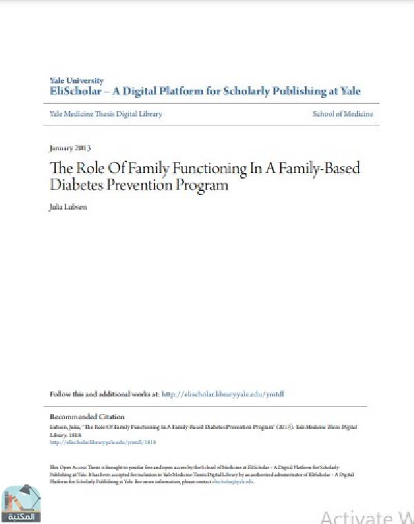 ❞ رسالة The Role Of Family Functioning In A Family-Based Diabetes Prevention Program ❝  ⏤ Julia Lubsen