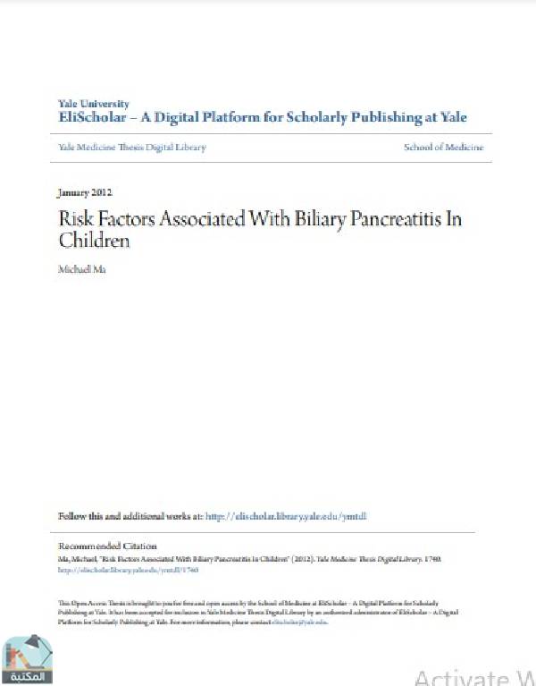 ❞ رسالة Risk Factors Associated With Biliary Pancreatitis In Children ❝  ⏤ Michael M