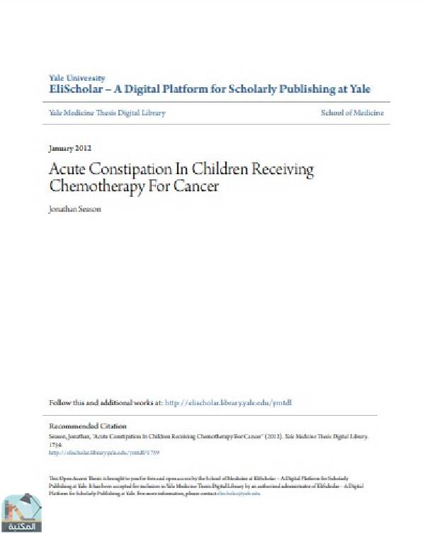 ❞ رسالة Acute Constipation In Children Receiving Chemotherapy For Cancer ❝  ⏤ Jonathan Season