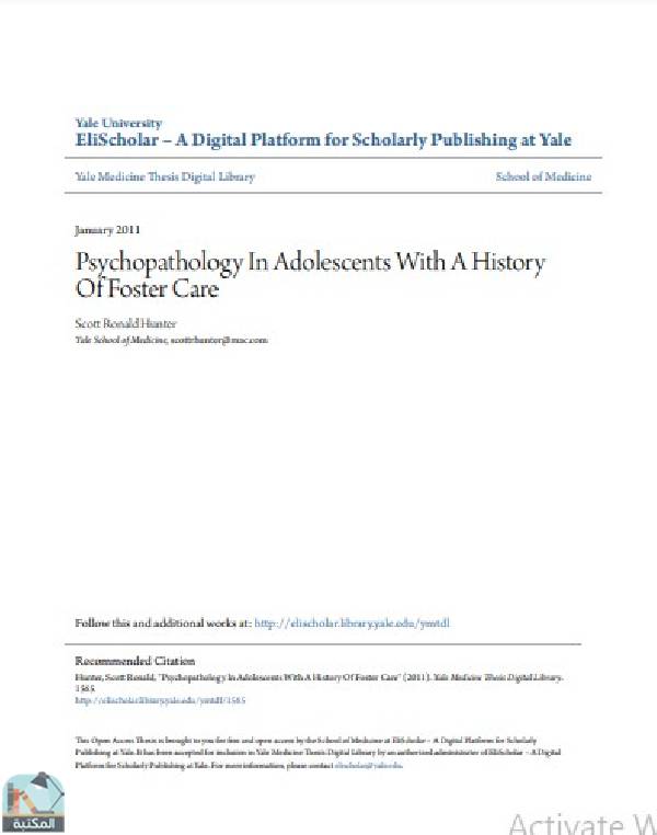 ❞ رسالة Psychopathology In Adolescents With A History Of Foster Care ❝  ⏤ Scott Ronald Hunter