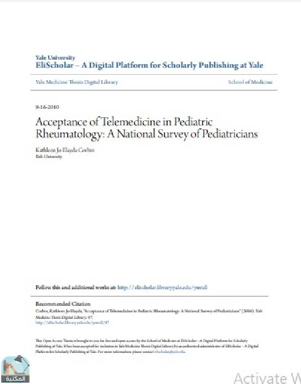 ❞ رسالة Acceptance of Telemedicine in Pediatric Rheumatology: A National Survey of Pediatricians ❝  ⏤ Kathleen Jo Elayda Corbin
