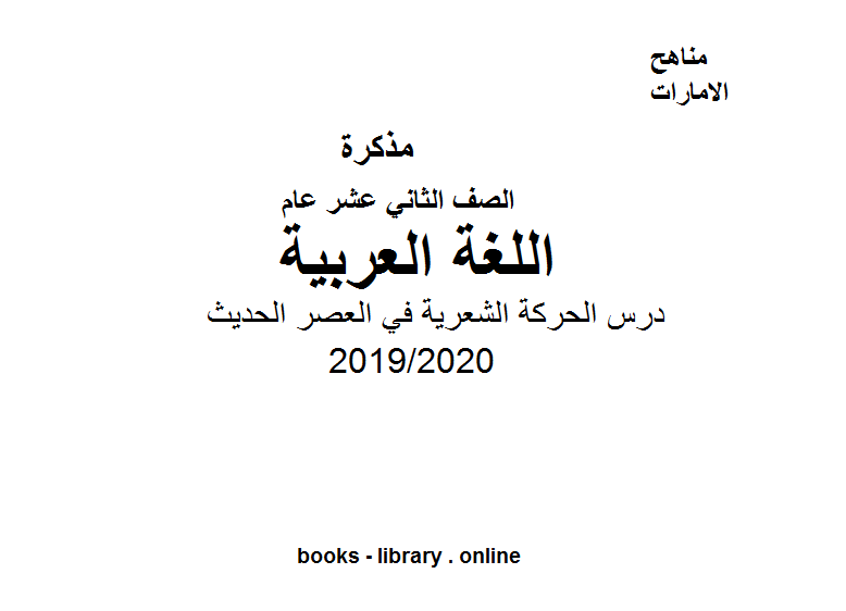 درس الحركة الشعرية في العصر الحديث، مادة اللغة العربية للصف الثاني عشر، الفصل الثالث من العام الدراسي 2019/2020