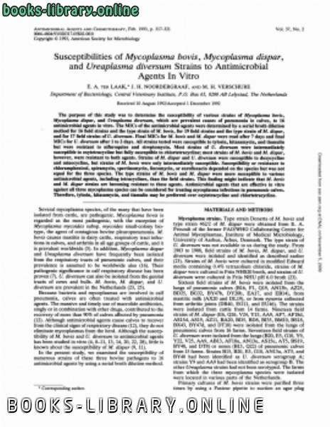 ❞ كتاب Susceptibilities of Mycoplasma bovis, Mycoplasma dispar, and Ureaplasma diversum strains to antimicrobial agents in vitro. ❝  ⏤ كاتب غير معروف