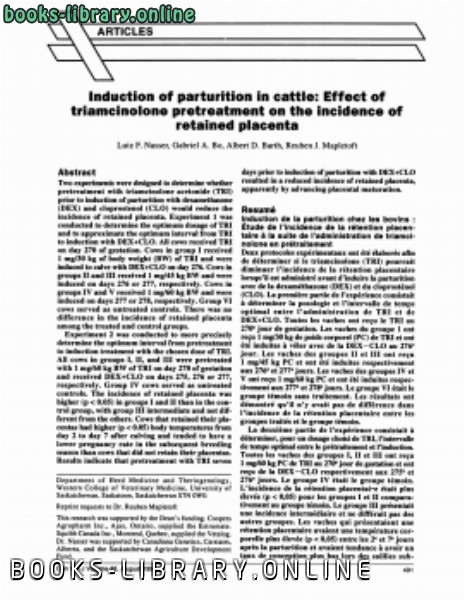 ❞ كتاب Induction of parturition in cattle Effect of triamcinolone pretreatment on the incidence of retained placenta ❝  ⏤ كاتب غير محدد