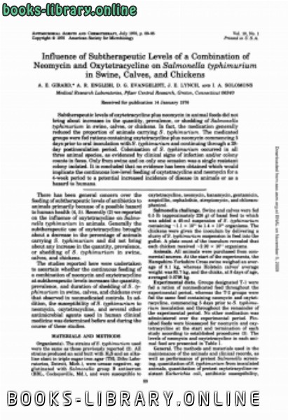 ❞ كتاب Influence of Subtherapeutic Levels of a Combination of Neomycin and Oxytetracycline on Salmonella typhimurium in Swine, Calves, and Chickens ❝ 