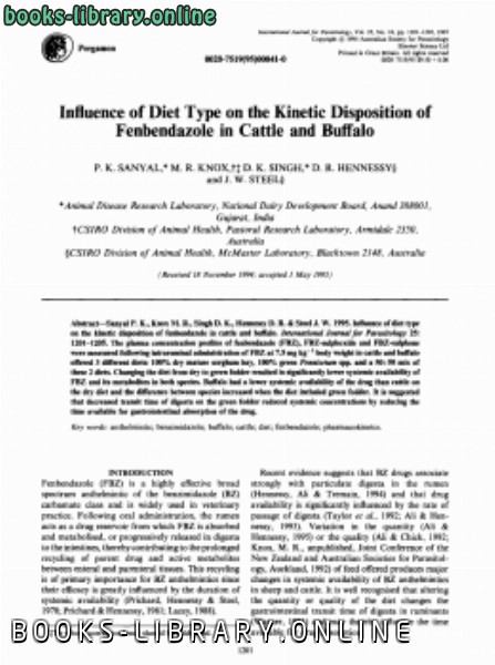❞ كتاب Influence of diet type on the kinetic disposition of fenbendazole in cattle and buffalo ❝ 