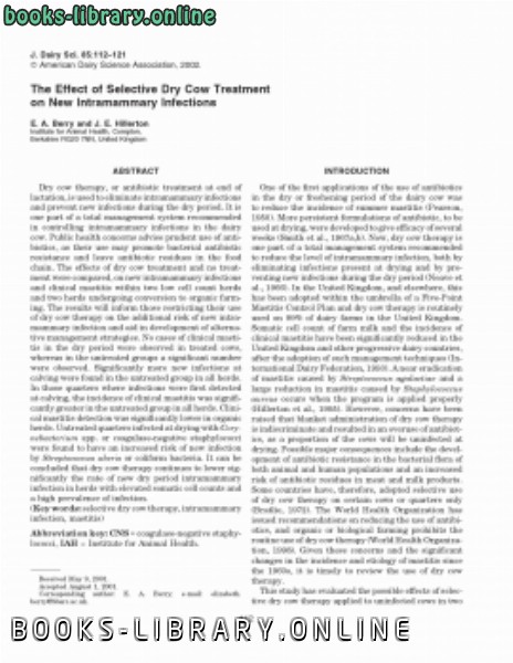 ❞ كتاب The Effect of Selective Dry Cow Treatment on New Intramammary Infections ❝  ⏤ كاتب غير معروف