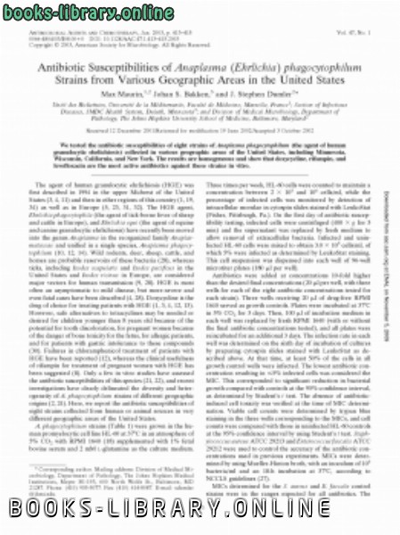 قراءة و تحميل كتابكتاب Antibiotic Susceptibilities of Anaplasma (Ehrlichia) phagocytophilum Strains from Various Geographic Areas in the United States PDF