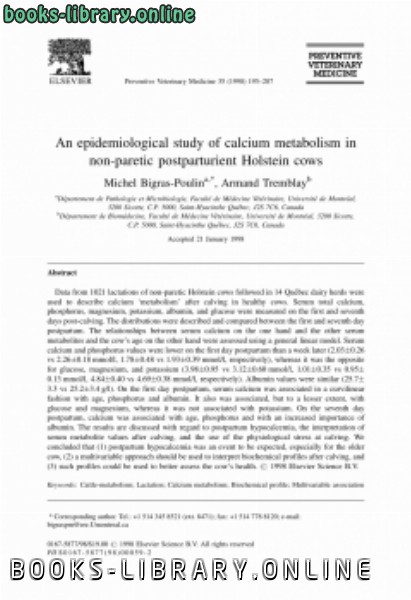 ❞ كتاب An epidemiological study of calcium metabolism in nonparetic postparturient Holstein cows ❝  ⏤ كاتب غير معروف