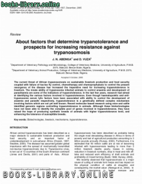 ❞ كتاب About factors that determine trypanotolerance and prospects for increasing resistance against trypanosomosis ❝ 