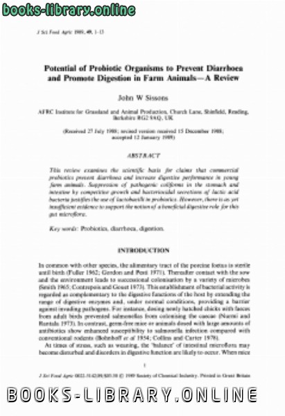 قراءة و تحميل كتابكتاب Potential of probiotic organisms to prevent diarrhoea and promote digestion in farm animals A review PDF