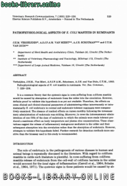 ❞ كتاب Pathophysiological aspects of E. coli mastitis in ruminants ❝  ⏤ كاتب غير معروف