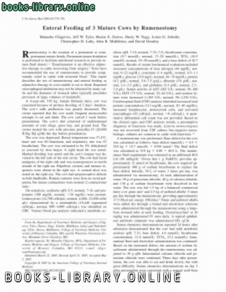 قراءة و تحميل كتابكتاب Enteral Feeding of 3 Mature Cows by Rumenostomy (p 779781) PDF