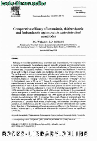 ❞ كتاب Comparative efficacy of levamisole, thiabendazole and fenbendazole against cattle gastrointestinal nematodes ❝  ⏤ كاتب غير معروف