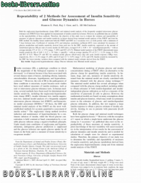 قراءة و تحميل كتاب Repeatability of 2 Methods for Assessment of Insulin Sensitivity and Glucose Dynamics in Horses (p 883888) PDF
