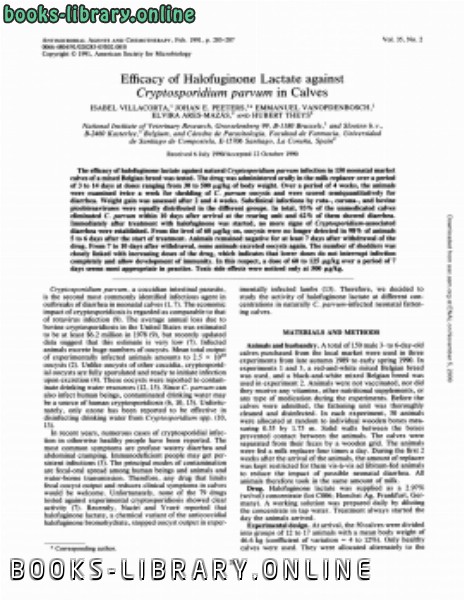 ❞ كتاب Efficacy of halofuginone lactate against Cryptosporidium parvum in calves. ❝ 