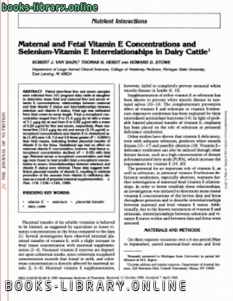 قراءة و تحميل كتابكتاب Maternal and Fetal Vitamin E Concentrations and SeleniumVitamin E Interrelationships in Dairy Cattle1 PDF