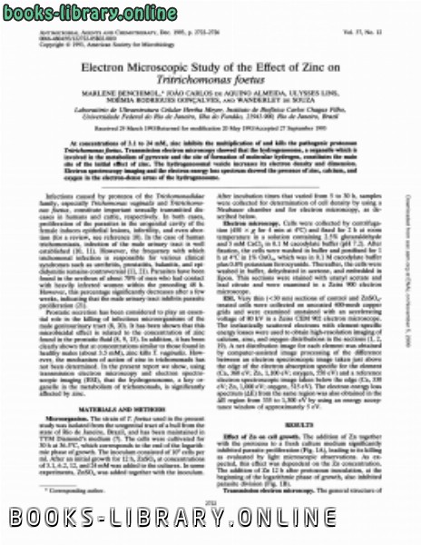 قراءة و تحميل كتاب Electron microscopic study of the effect of zinc on Tritrichomonas foetus PDF