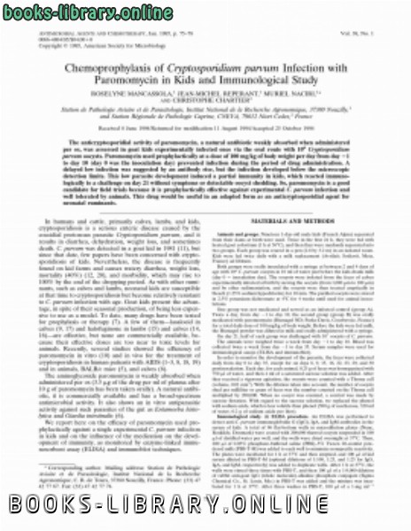 ❞ كتاب Chemoprophylaxis of Cryptosporidium parvum Infection with Paromomycin in Kids and Immunological Study ❝  ⏤ كاتب غير معروف