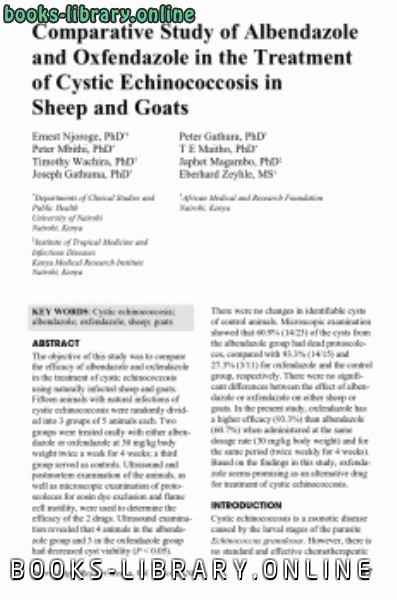 ❞ كتاب Comparative Study of Albendazole and Oxfendazole in the Treatment of Cystic Echinococcosis in Sheep and Goats ❝ 