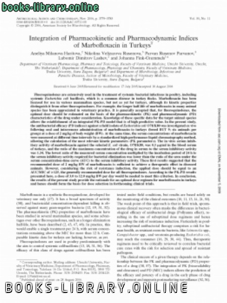 قراءة و تحميل كتابكتاب Integration of Pharmacokinetic and Pharmacodynamic Indices of Marbofloxacin in Turkeys PDF