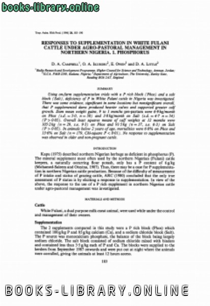 قراءة و تحميل كتابكتاب Responses to supplementation in White Fulani cattle under agropastoral management in northern Nigeria  1  Phosphorus PDF