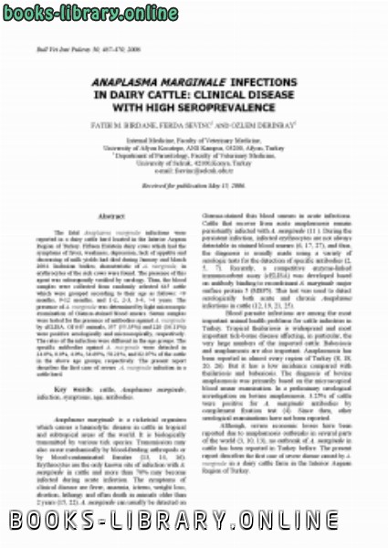 ❞ كتاب ANAPLASMA MARGINALE INFECTIONS IN DAIRY CATTLE CLINICAL DISEASE WITH HIGH SEROPREVALENCE ❝  ⏤ كاتب غير معروف