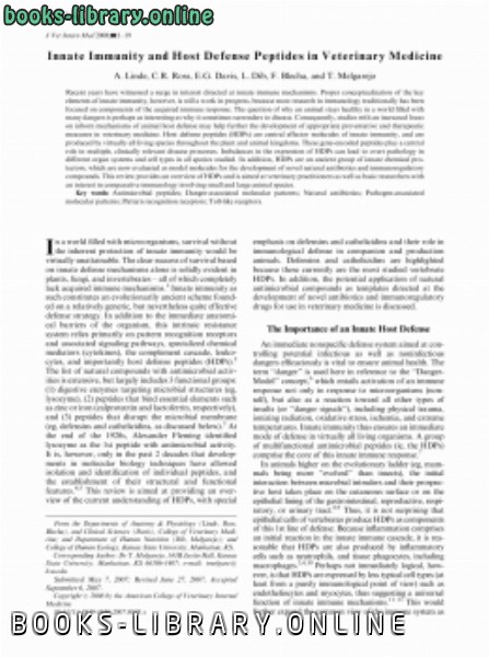 قراءة و تحميل كتاب Innate Immunity and Host Defense Peptides in Veterinary Medicine PDF