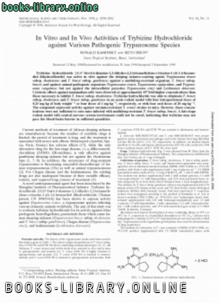 ❞ كتاب In Vitro and In Vivo Activities of Trybizine Hydrochloride against Various Pathogenic Trypanosome Species ❝  ⏤ كاتب غير معروف