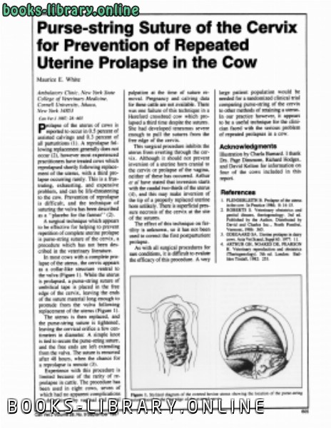 ❞ كتاب Pursestring Suture of the Cervix for Prevention of Repeated Uterine Prolapse in the Cow ❝  ⏤ كاتب غير معروف