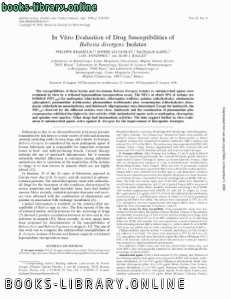 قراءة و تحميل كتابكتاب In Vitro Evaluation of Drug Susceptibilities of Babesia divergens Isolates PDF