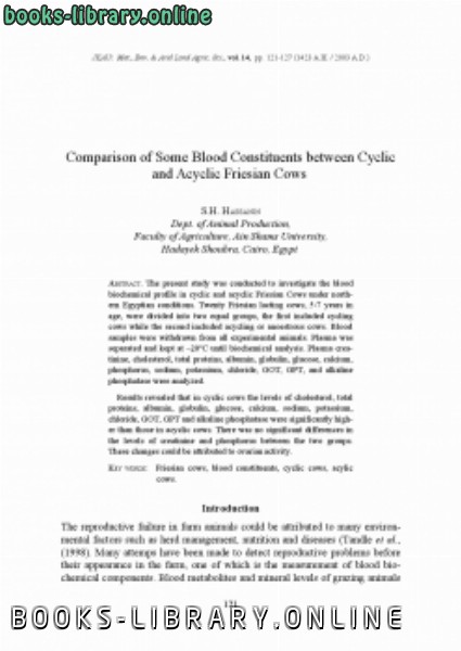 ❞ كتاب Comparison of Some Blood Constituents between Cyclic and Acyclic Friesian Cows ❝  ⏤ كاتب غير معروف