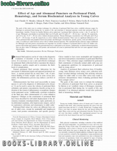 قراءة و تحميل كتابكتاب Effect of Age and Abomasal Puncture on Peritoneal Fluid, Hematology, and Serum Biochemical Analyses in Young Calves (p 899904) PDF