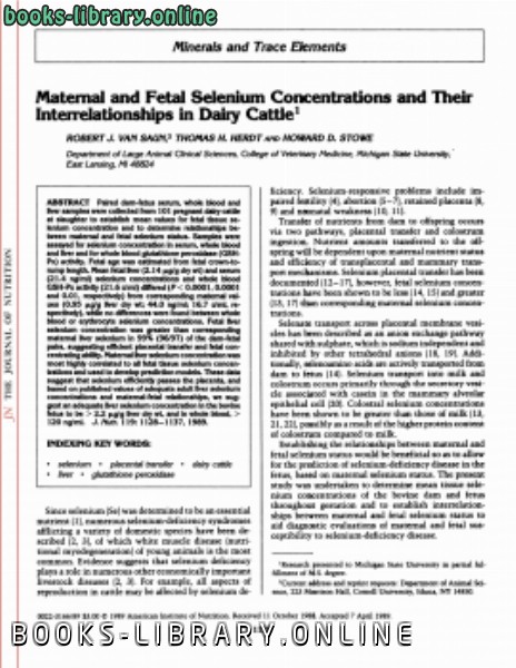 قراءة و تحميل كتابكتاب Maternal and Fetal Selenium Concentrations and Their Interrelationships in Dairy Cattle PDF