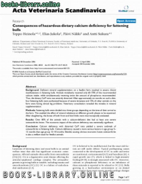 قراءة و تحميل كتاب Consequences of hazardous dietary calcium deficiency for fattening bulls PDF
